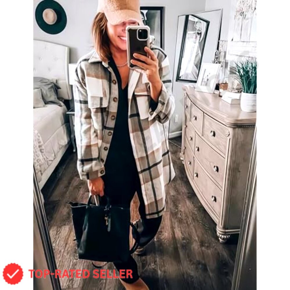 Oversized Plaid Shacket Jacket Long Button Down C… - image 4